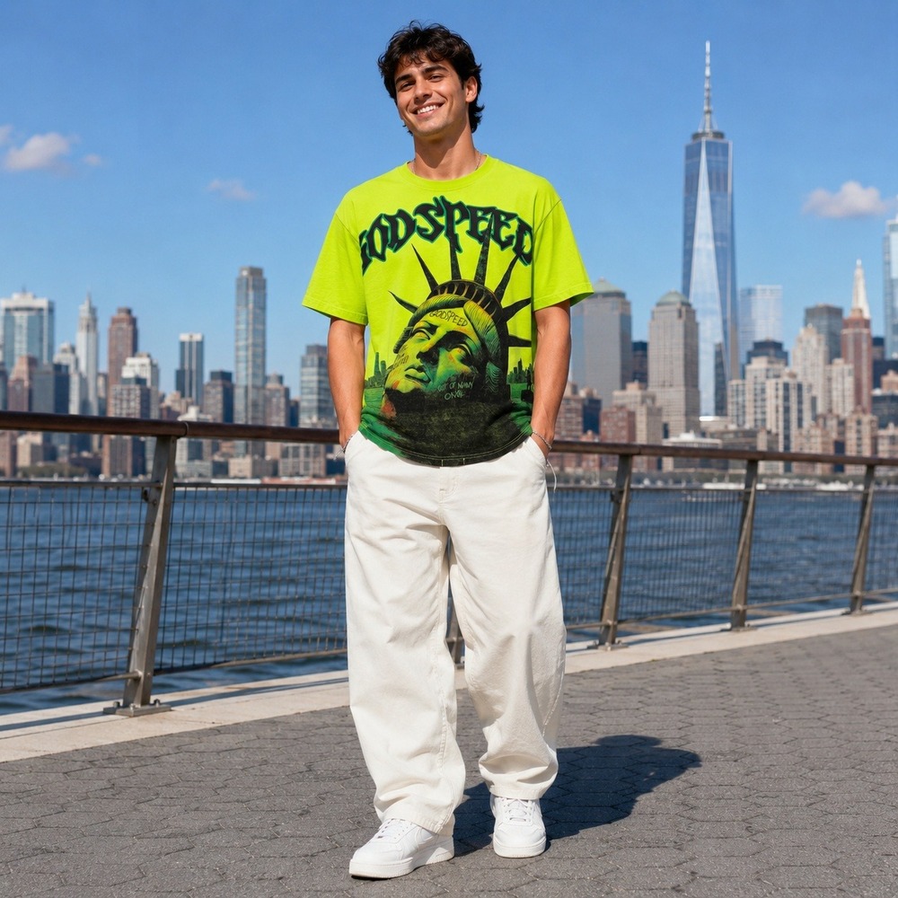 Godspeed Neon Graphic Tee Streetwear Goth Punk Y2K Statue Of Liberty Shirt SZ M